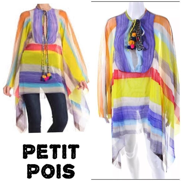 Petit Pois Viviana G Sheer Mesh Poncho XS | Striped Beaded Pom Pom Boho Top - Picture 2 of 11